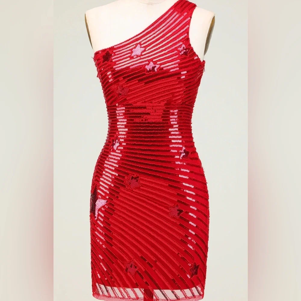 Red Sequin One Shoulder Bodycon Mini Dress Stars Detail Size Large NWOT - Picture 1 of 6